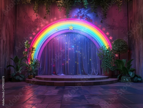 Rainbow stage with curtains and plants