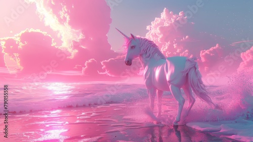 Pink unicorn on a pink beach at sunset photo