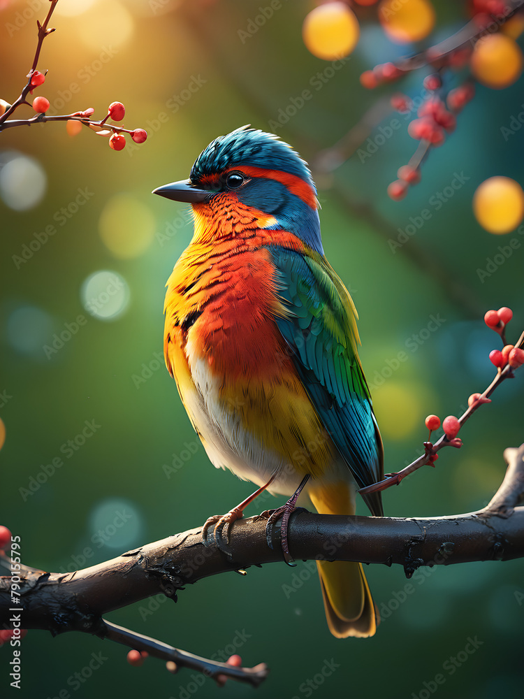 Naklejka premium Imagine a vibrant tropical scene featuring a colorful bird of paradise perched on a lush green branch, surrounded by a variety of other birds in a natural setting