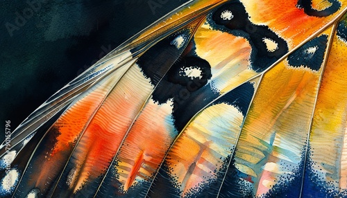 Capture a mesmerizing close-up shot of a delicate butterfly wing in watercolor, showcasing intricate patterns and vibrant colors