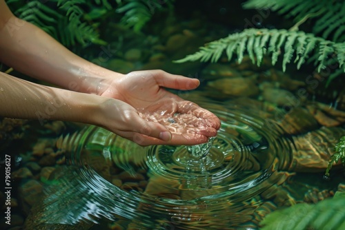 A pair of hands cupping crystal clear water from a natural spring, reflecting the surrounding lush greenery.