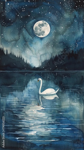 Fototapeta Naklejka Na Ścianę i Meble -  Capture a serene lake scene in watercolor, featuring a single majestic swan reflecting under the moonlight Show soft ripples and a starry sky