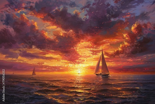 A serene coastal sunset casting warm hues over a tranquil seascape, with sailboats silhouetted on the horizon.
