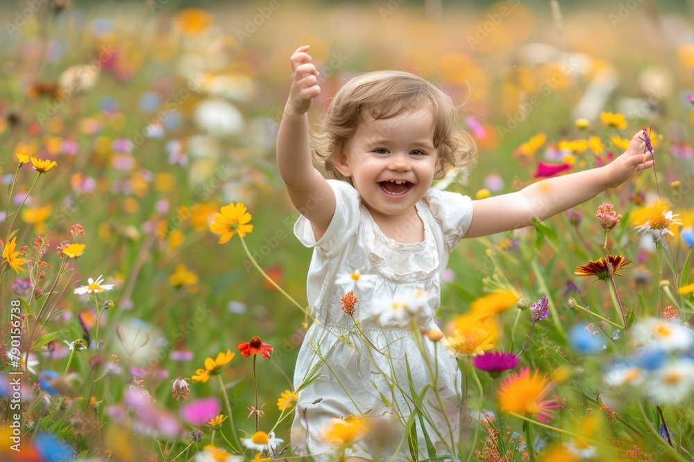 A young child running joyfully through a field of wildflowers, arms outstretched in pure bliss. A young child running joyfully through a field of wildflowers, arms outstretched in pure bliss.