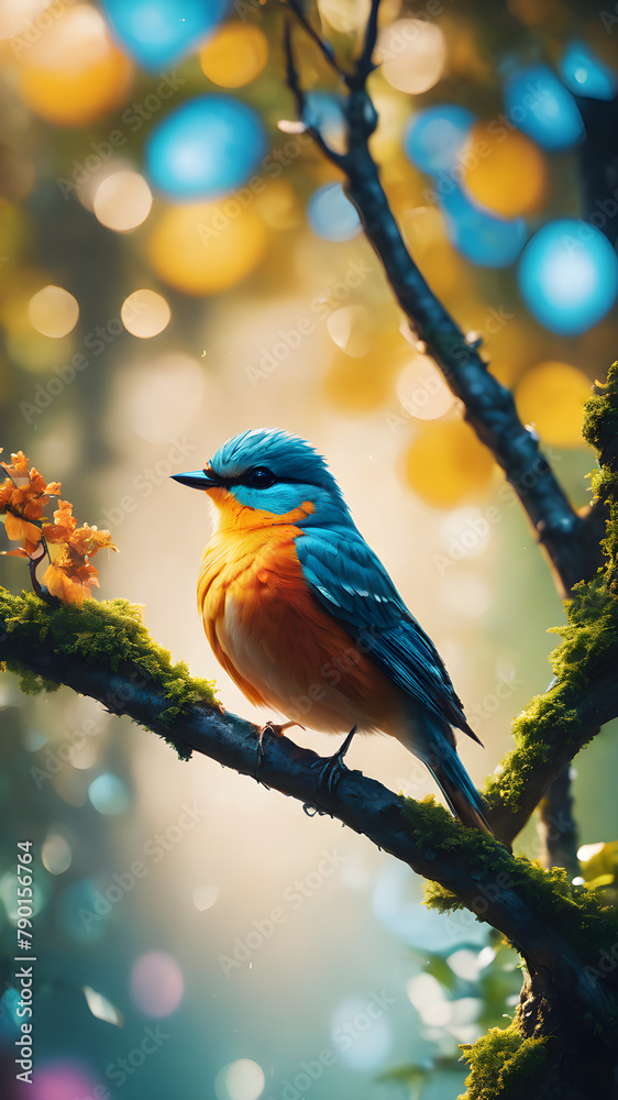 Imagine a vibrant tropical scene featuring a colorful bird of paradise perched on a lush green branch, surrounded by a variety of other birds in a natural setting