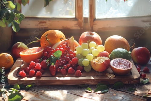 Juicy, ripe fruits arranged artfully on a wooden table, glistening under the morning sunlight.