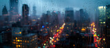 A cityscape during a rainstorm viewed from behind a rain-spattered window, capturing a sense of urban solitude. , background