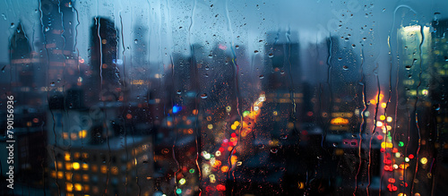A cityscape during a rainstorm viewed from behind a rain-spattered window, capturing a sense of urban solitude. , background