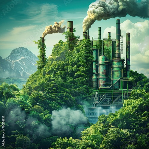 A green hill covered in trees with a factory on top of it photo