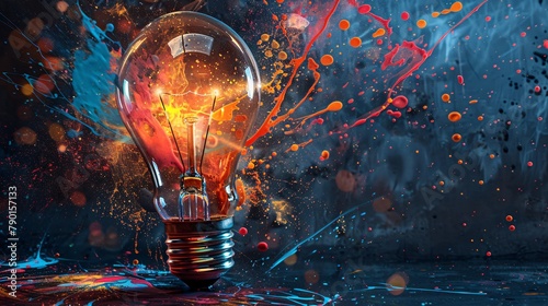a bursting light bulb splattered with vibrant paint on a dark backdrop, symbolizing unconventional creativity photo