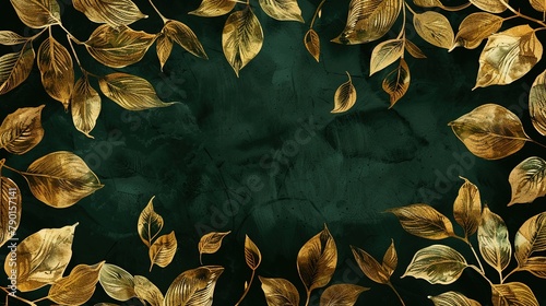 Abstract luxury elegant floral organic texture wallpaper banner illustration - Gold leaves on dark green background, seamless pattern