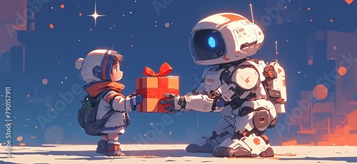 A cute robot carrying out the task of giving gifts, with a gift box tied with a red ribbon 