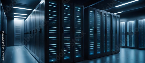 A row of servers neatly aligned in a server room, with blinking lights indicating activity and data processing