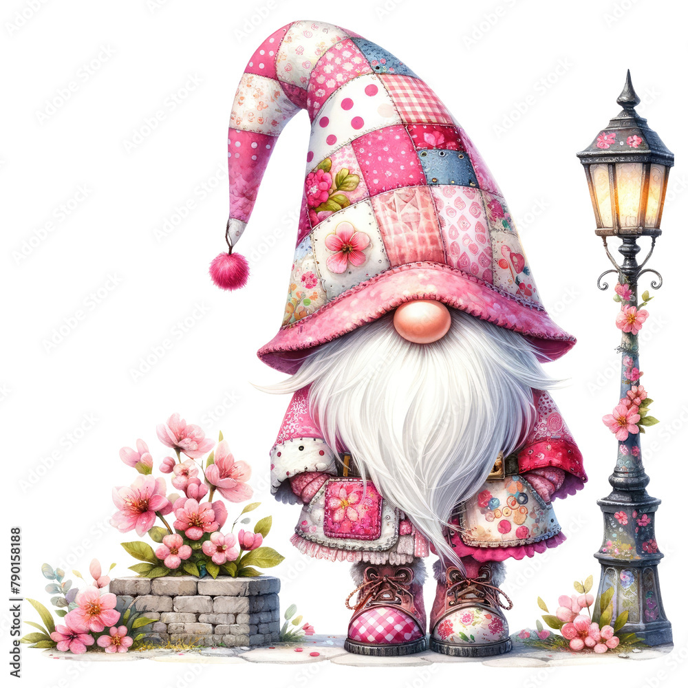 Floral Pink Gnome with Blossoms and Basket