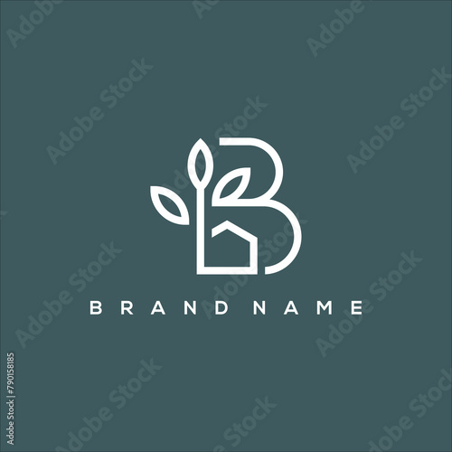 line art B bloom house and nature logo vector