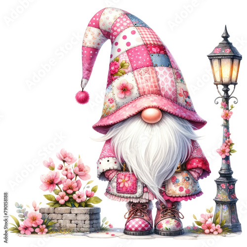 Floral Pink Gnome with Blossoms and Basket