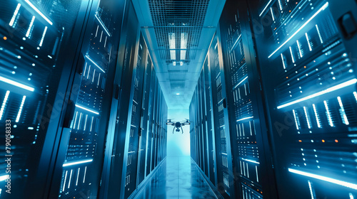 large data center with high ceilings and long rows of server racks. A drone flies between the server racks checking the status of the equipment