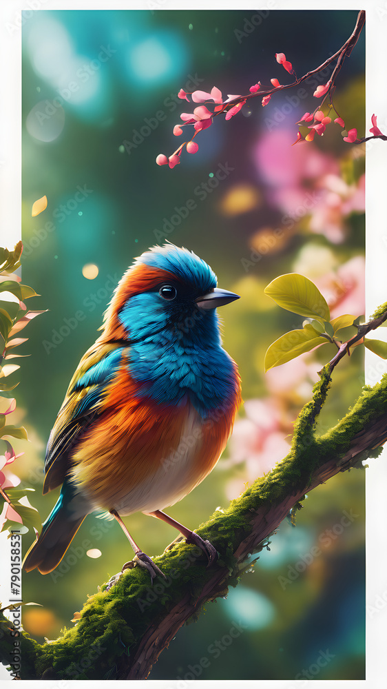 Obraz premium Imagine a vibrant tropical scene featuring a colorful bird of paradise perched on a lush green branch, surrounded by a variety of other birds in a natural setting
