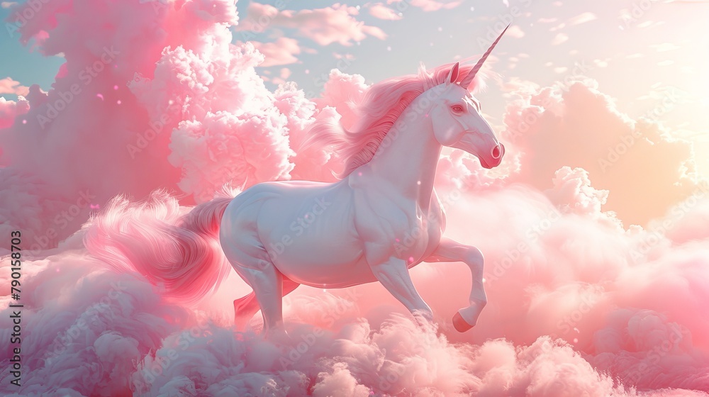 A majestic unicorn with a pink mane and tail stands on a bed of pink clouds.