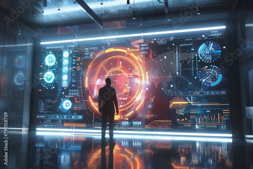 A man standing in front of a large futuristic display of information.
