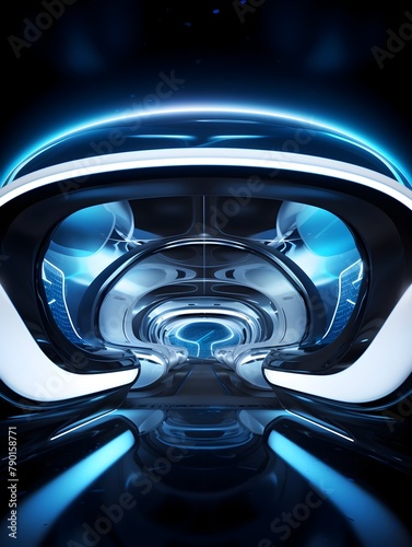 Mesmerizing Futuristic Spaceship Interior Bathed in Ethereal Glowing Lights and Sleek Digital Landscape © yelosole