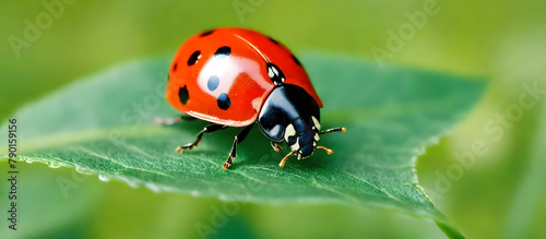 A bright red ladybug perched on a vibrant green leaf, showcasing the intricate beauty of nature up close
