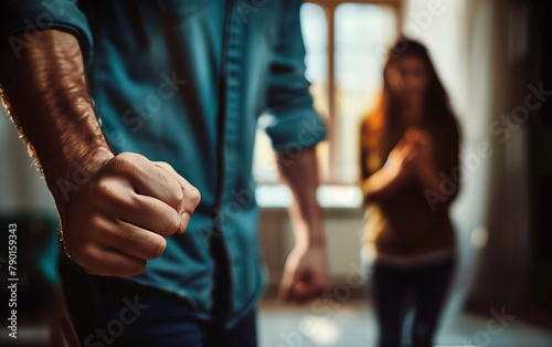 Back view of aggressive man with clenched fist in foreground and blurred scared woman in the background. Gender violence concept. photo