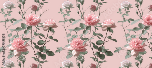 Seamless pattern banner of pink roses over pink background.