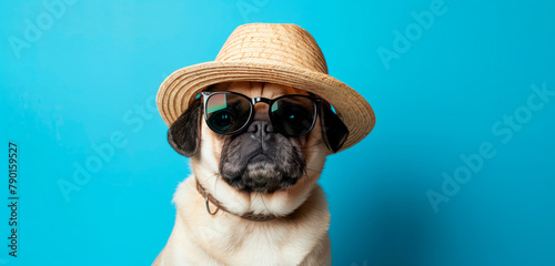 Happy pug dog wearing sunglasses and a hat over blue background. Promotion banner with empty space for text or product.