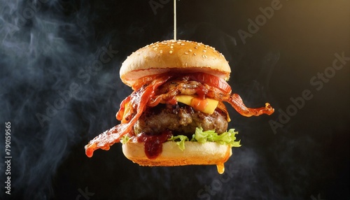 A smoky barbecue burger with crispy bacon and barbecue sauce, levitating with small drops of sauce suspended around it, set against a dark smoky background for a grilled effect