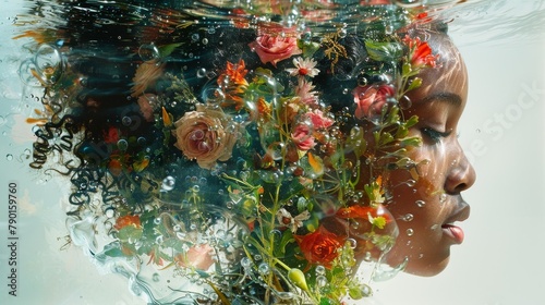 Bouquet of dreams manifesting as a serene female facade, amidst a dance of botanicals and droplets