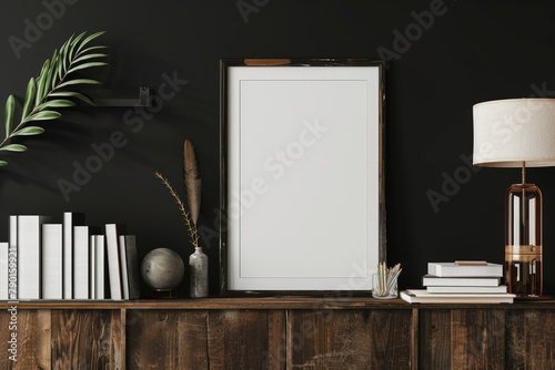 Empty black frame mockup on top of wooden cabinet with dark wall background, 3d render, 3d illustration