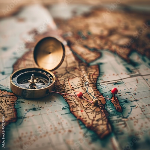 gold compass on a detailed world map with red push pins photo