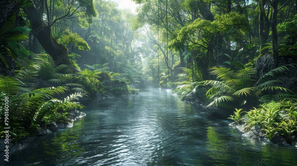 A beautiful jungle river with green trees and plants