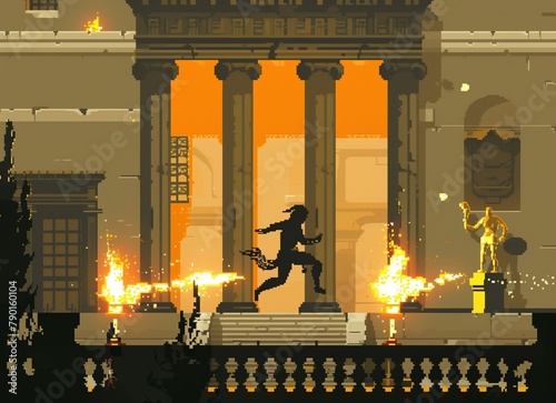 Color screen grab of an ancient Greek themed videogame showing a silhouette figure running through fiery obstacles in a temple setting. From the series �Lightbox.�