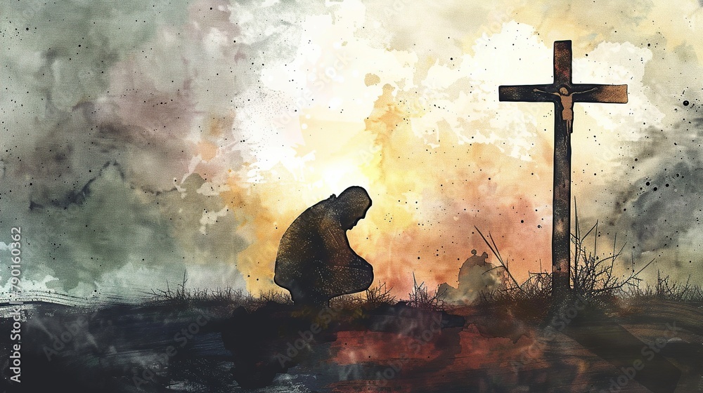 watercolor painting of a person kneeling at the foot of a large wooden cross - obrazy, fototapety, plakaty 