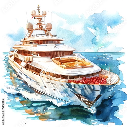 Luxury yacht cruising the Mediterranean, opulent watercolor details photo