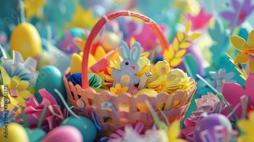A celebratory papercut design for an Easter basket filled with candy treats shaped like bunnies, chicks, and eggs, crafted from colorful recycled paper. 