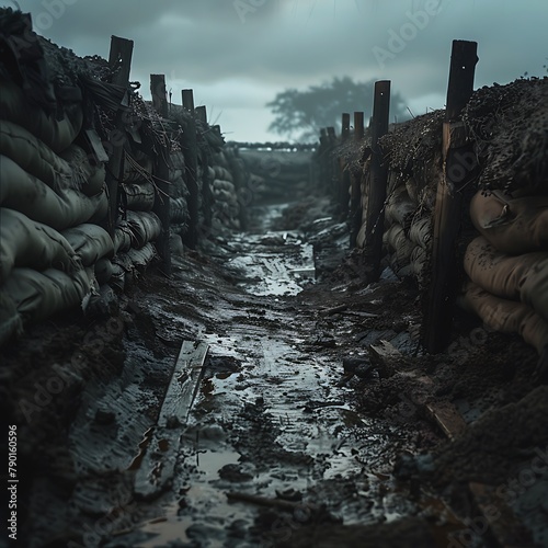 Trench ruins, WW 1, muddy trench war, wooden plank road, 
