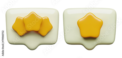 Speech bubbles with stars 3d icon render. Customer loyalty, review and feedback concept minimal three dimensional vector illustration on white background.