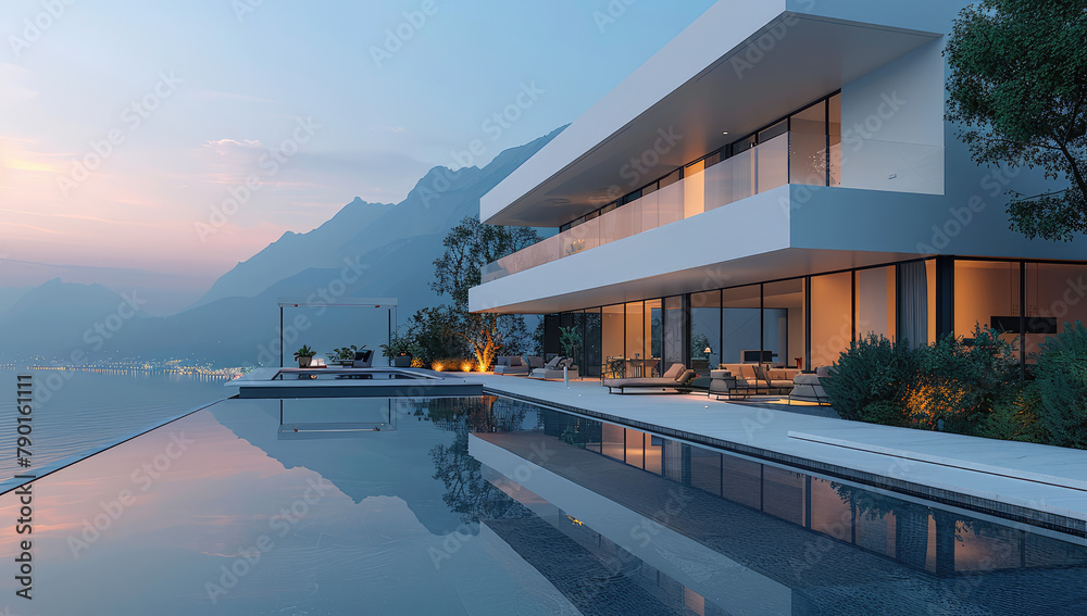 Modern villa with infinity pool, terrace and garden overlooking the mountains, evening light. Created with Ai