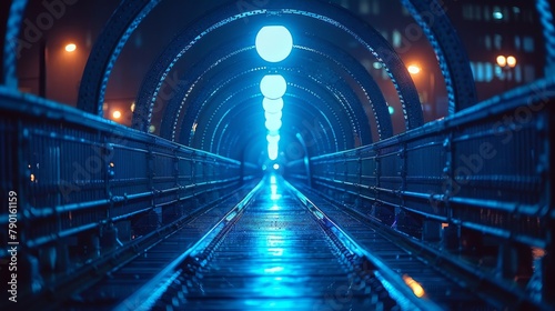 Illuminated bridge at night with vibrant blue lights and reflective wet surface