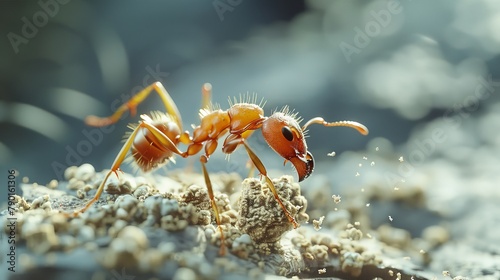 A close-up photo of an ant carrying a crumb many times its size, emphasizing the incredible strength of these tiny insects. 