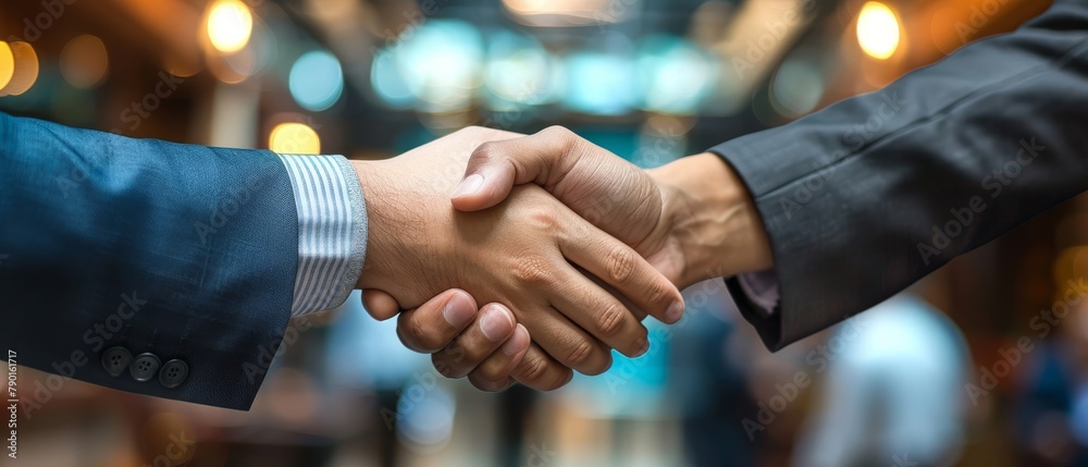 Two businessmen shaking hands in front of an out of focus background. Two businessmen shaking hands in front of an out of focus background.