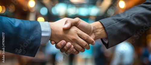 Two businessmen shaking hands in front of an out of focus background.
