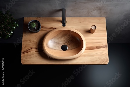 down view of a stylish wooden vanity counter top with a minimalist basin sin Generative AI