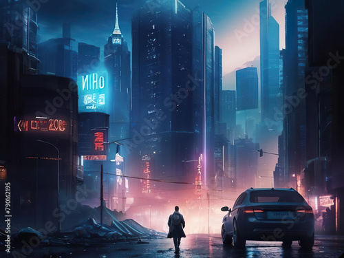Man walking through city at night
