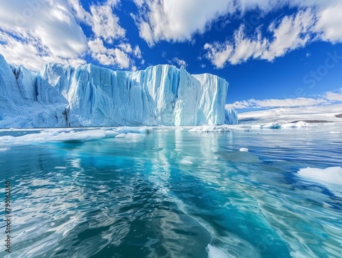 Melting glaciers with icebergs floating in clear blue water, dramatic sky backdrop © cong