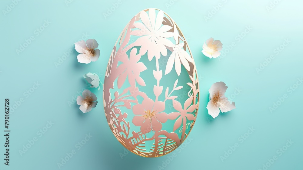 A delicate papercut design for an Easter greeting card, featuring a single, layered papercut Easter egg with intricate floral patterns, crafted from pastel colors with a touch of gold. A delicate papercut design for an Easter greeting card, featuring a single, layered papercut Easter egg with intricate floral patterns, crafted from pastel colors with a touch of gold.