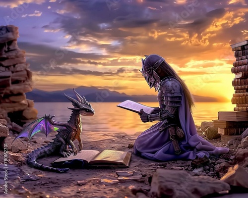 In the ruins of a oncegrand library, a scholar knight pores over ancient texts, seeking knowledge with her tiny, iridescent dragon companion , photo